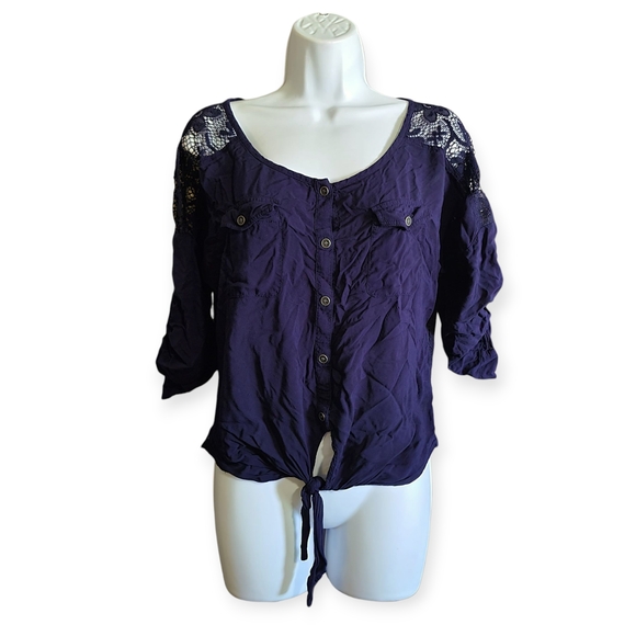 Women's Navy Button-Up Top with Lace Detail - Picture 1 of 10